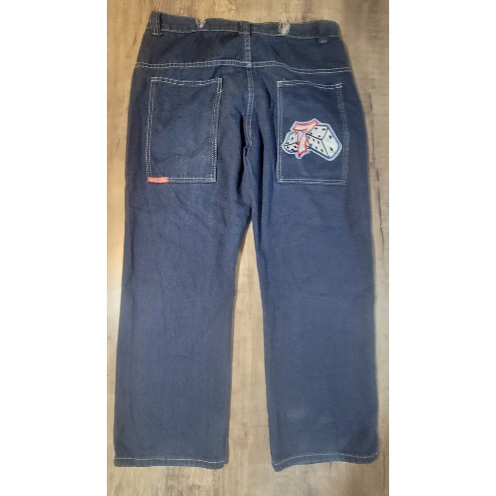 JNCO Lucky 7 Dice Jeans 34x26 Blue Denim Mid Rise Baggy Skater Y2K Rare Stretch - Picture 9 of 16